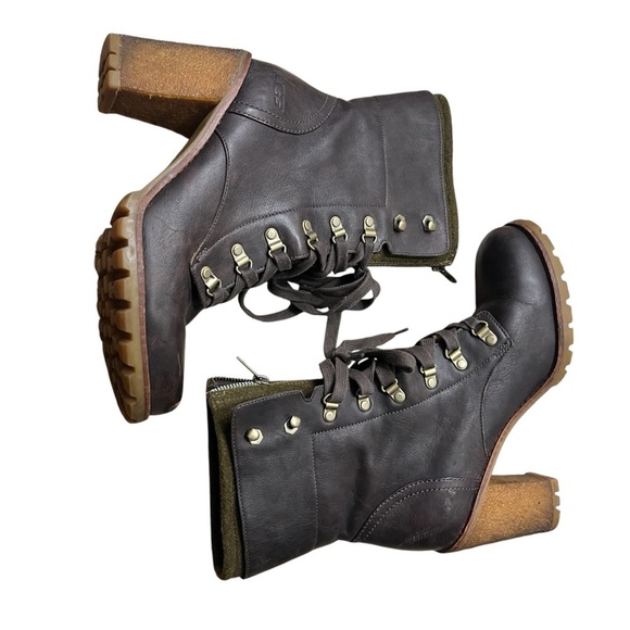 UGG Fabrice Sheepskin Lace Up Zip Chunky Heel in Brown/Olive Size 10 - Flaw - Picture 2 of 11